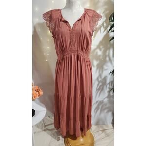 Old Navy Tiered Lace Sleeve Tie Neck Prairie Dress Size M Tall Terra Cotta Boho